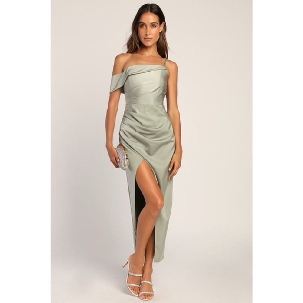 Lulus Asymmetric One-Shoulder Sage Green Midi Evening Dress